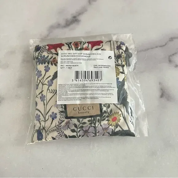 Gucci Beauty Flora Scrunchie Hair Tie Set In Drawstring Pouch Pink Aqua Purple - Picture 2 of 4